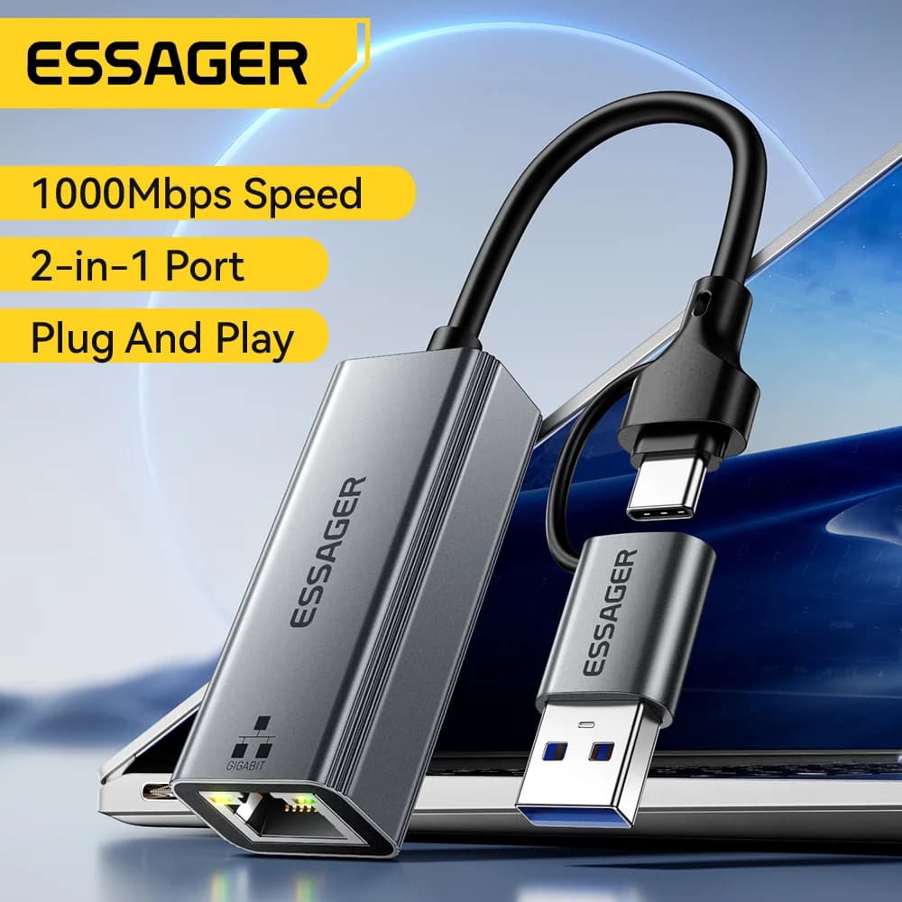 2-i-1 USB-A/Type-C til RJ45 Gigabit Ethernet Adapter