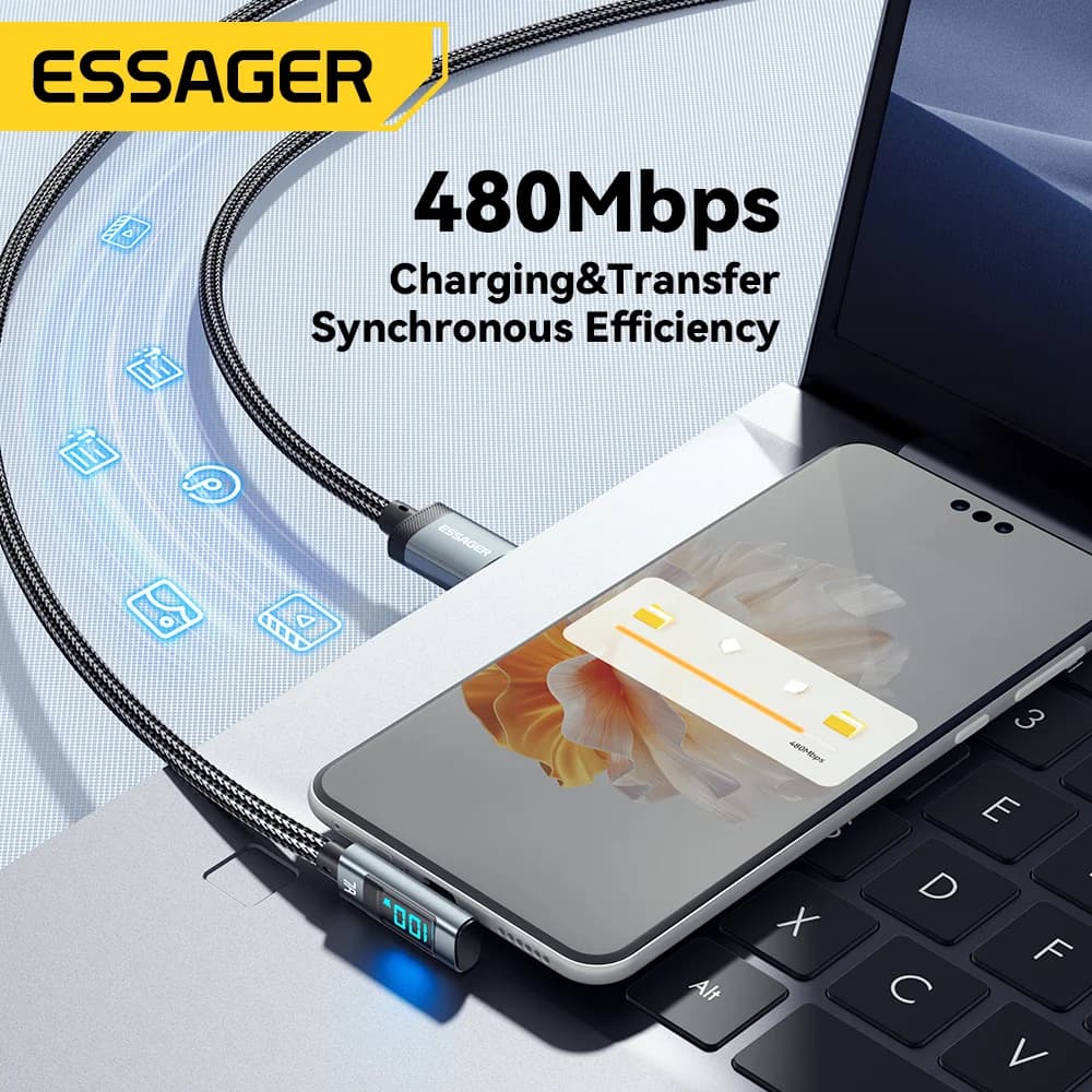 7A 100W vinklet USB-C-kabel med digital display