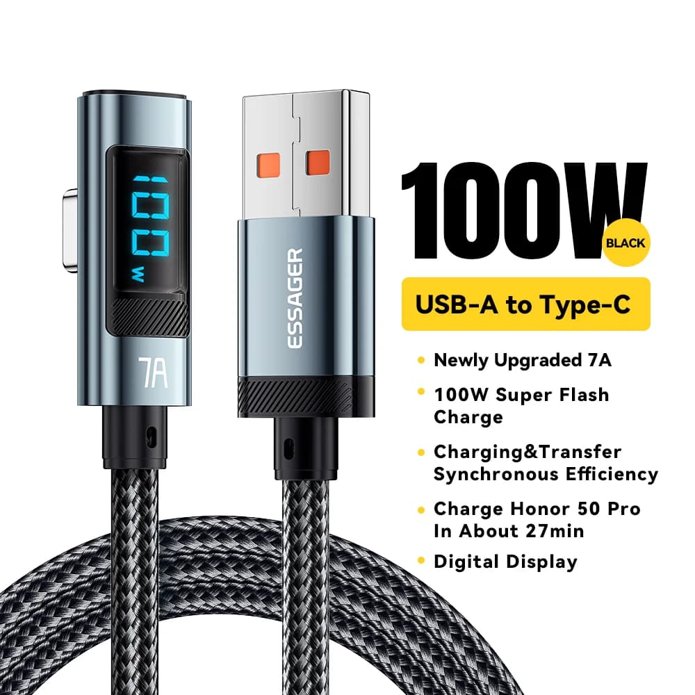 7A 100W vinklet USB-C-kabel med digital display