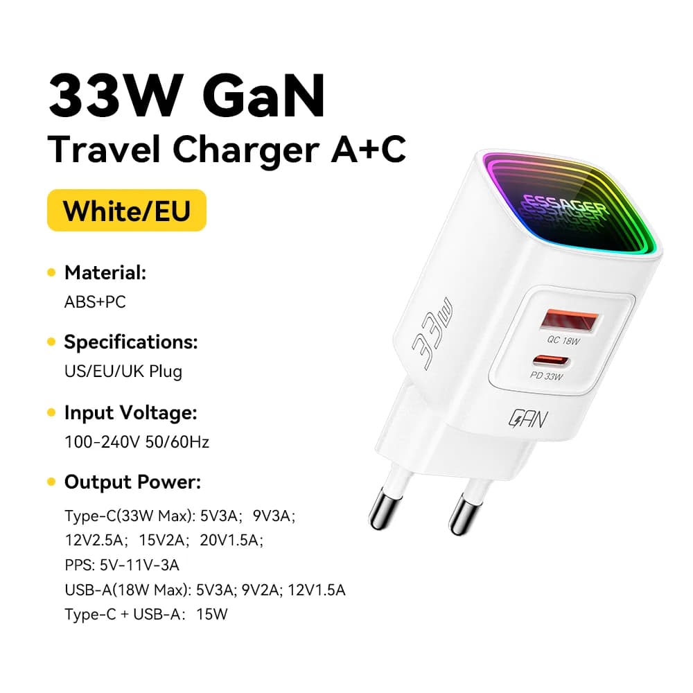 33W GaN USB-C PD Bærbar Lader