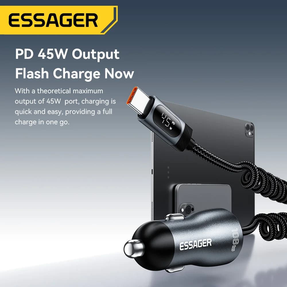 108W biladapter med USB-C, USB-A og fjærkabel