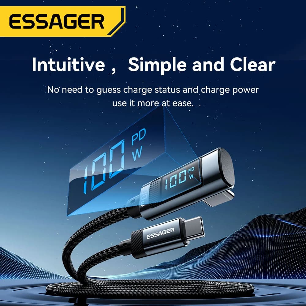 100W 5A USB-C kabel med vinkel og LED-display
