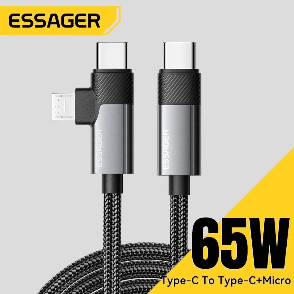 2-i-1 65W PD hurtigladekabel Type-C/USB-A til Micro