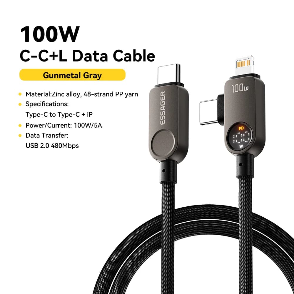 2-i-1 USB-C til Lightning-kabel, 100W PD