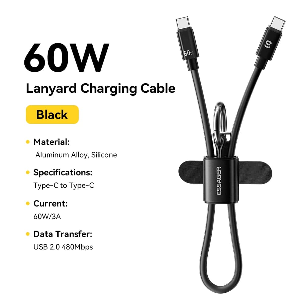 60W kort USB-C til USB-C lanyard-kabel