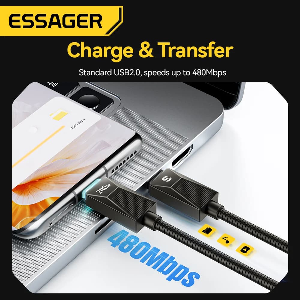 240W rustfritt stål USB-C hurtigladekabel