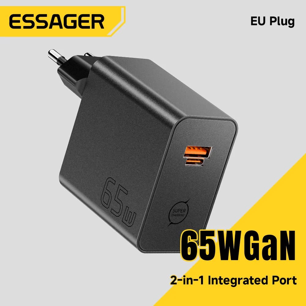 65W GaN 2-i-1 USB Type-C hurtiglader
