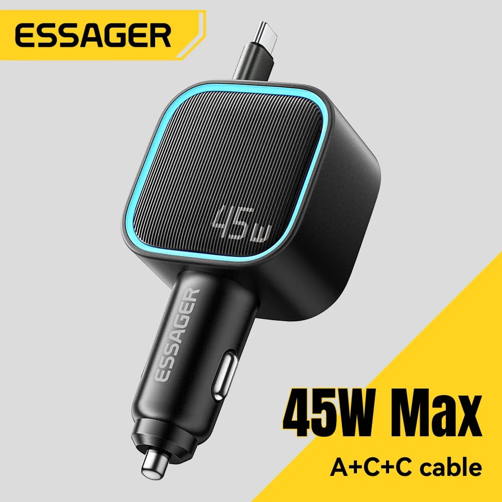 45W bil-lader med 75 cm trekkbar PD-kabel