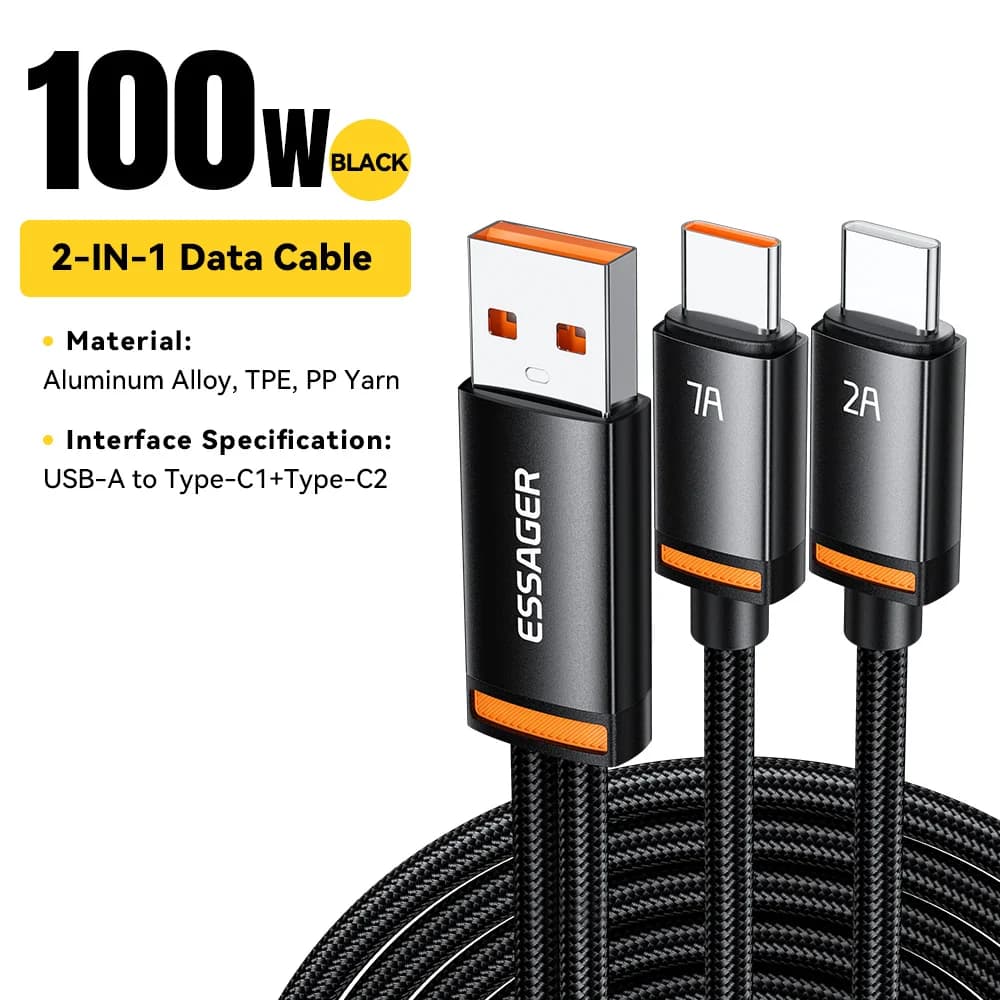 2-i-1 USB-A til Type-C og Lightning-kabel, 100W