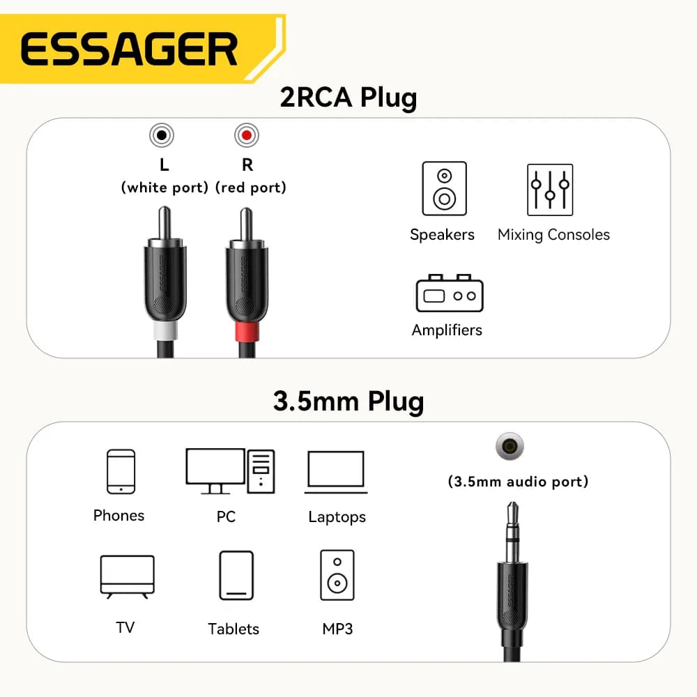 3,5 mm til dobbelt RCA lydsplitterkabel