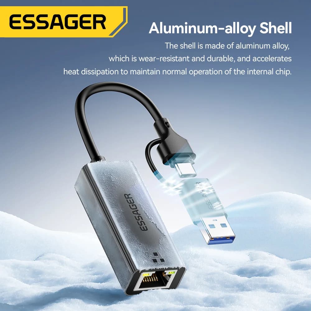 2-i-1 USB-A/Type-C til RJ45 Gigabit Ethernet Adapter